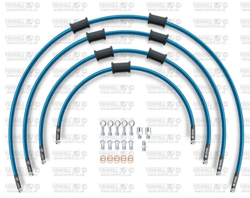 STANDARD Hadice přední brzdy sada Venhill POWERHOSEPLUS HON-10033F-TB (4 hadice v sadě) průhledně modré hadice, chromové koncovky