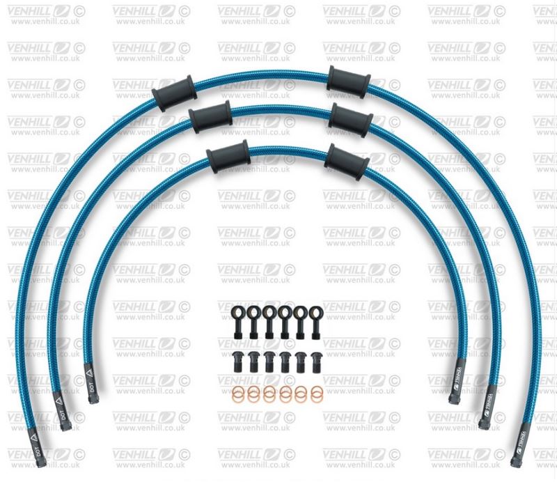 STANDARD Hadice přední brzdy sada Venhill POWERHOSEPLUS SUZ-11002FB-TB (3 hadice v sadě) průhledně modré hadice, černé koncovky