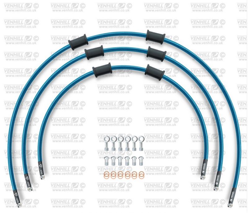 STANDARD Hadice přední brzdy sada Venhill POWERHOSEPLUS SUZ-11002FS-TB (3 hadice v sadě) průhledně modré hadice, nerezové koncovky