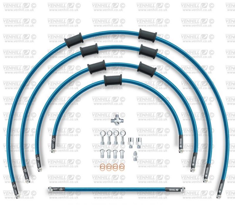 STANDARD Hadice přední brzdy sada Venhill POWERHOSEPLUS SUZ-11003F-TB (5hadic v sadě) průhledně modré hadice, chromové koncovky