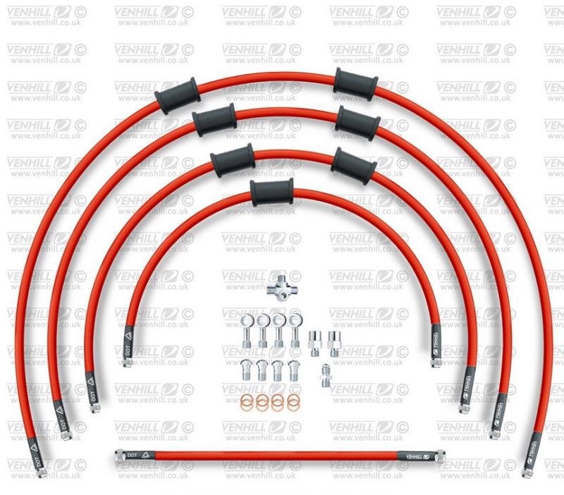 STANDARD Hadice přední brzdy sada Venhill POWERHOSEPLUS HON-10029F-RD (5hadic v sadě) červené hadice, chromové koncovky